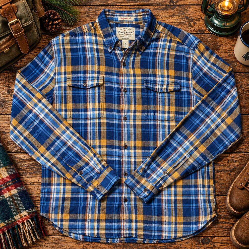 Lucky Brand California Fit Shirt Mens L Blue Gold Plaid Cotton Flannel Workwear